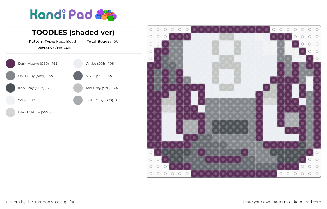 TOODLES (shaded ver) - Fuse Bead Pattern by the_1_andonly_ceiling_fan on Kandi Pad - toodles,dandys world,head,video game,character,gray