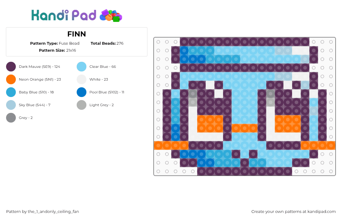 FINN - Fuse Bead Pattern by the_1_andonly_ceiling_fan on Kandi Pad - finn,dandys world,head,character,video game,light blue,orange