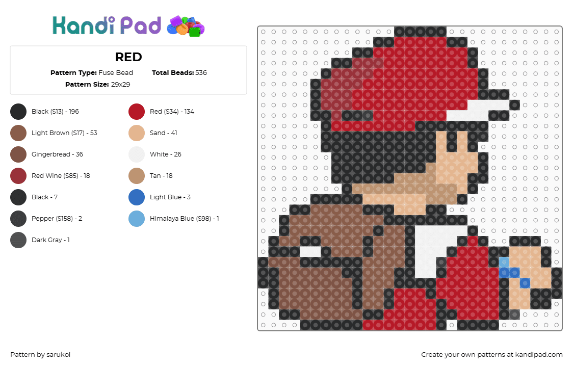 RED - Fuse Bead Pattern by sarukoi on Kandi Pad - trainer,pokemon,gaming,character,backpack,red,brown,tan