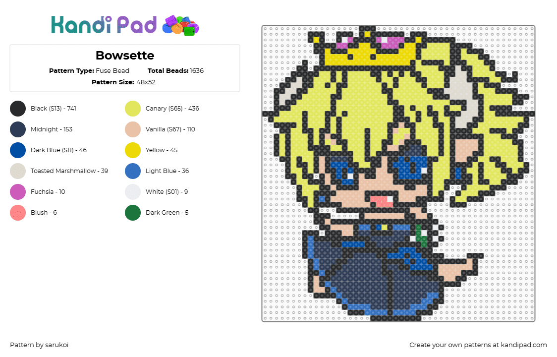 Bowsette - Fuse Bead Pattern by sarukoi on Kandi Pad - black,yellow,beige,purple