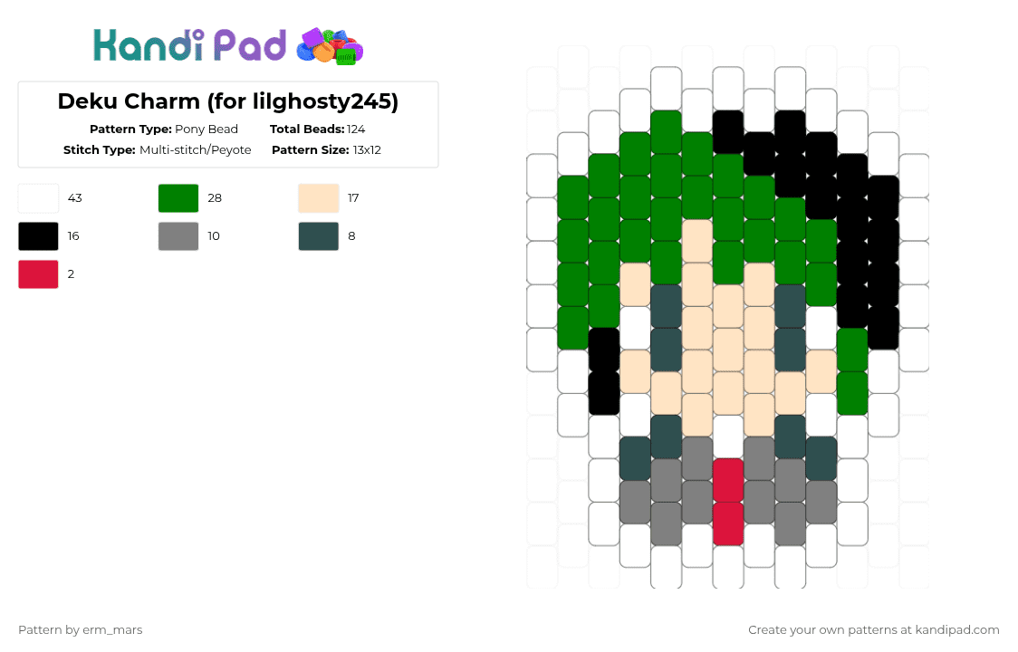 Deku Charm (for lilghosty245) - Pony Bead Pattern by marstheslug on Kandi Pad - green,beige,gray,mha,anime,myheroacademia