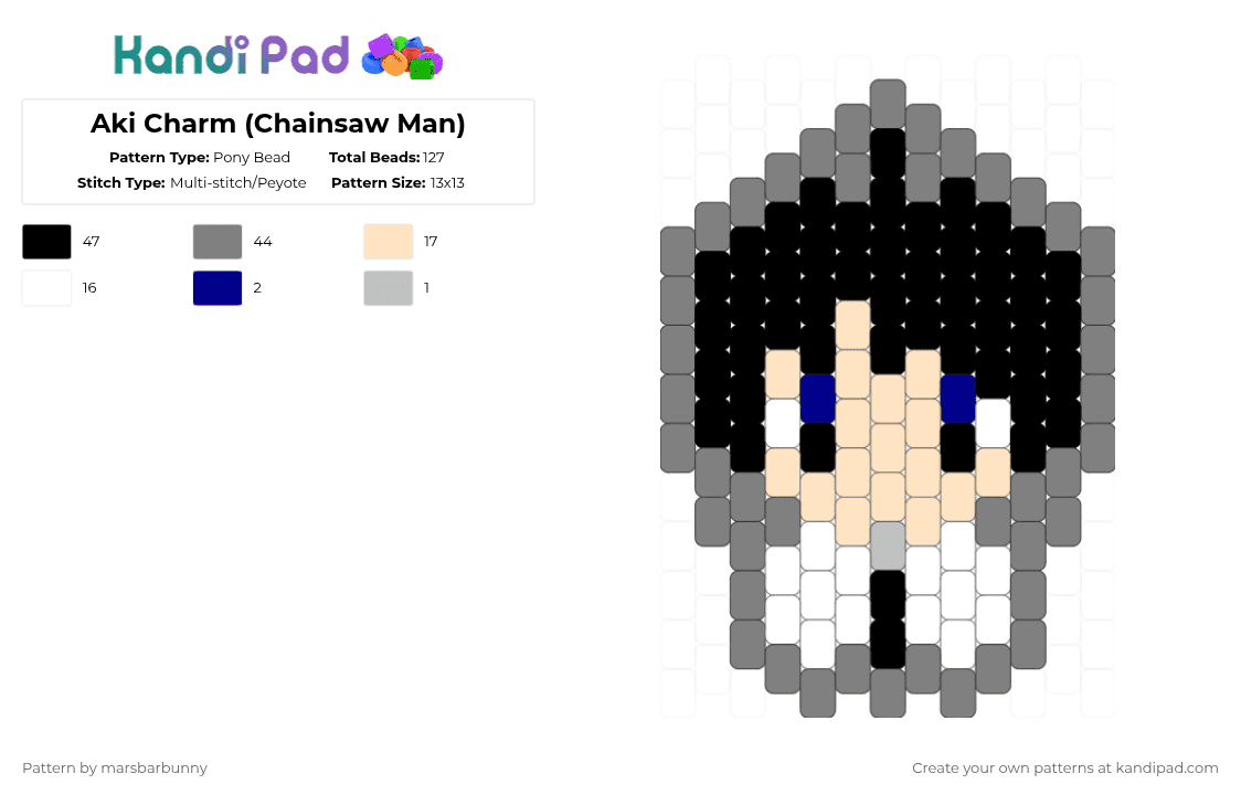 Aki Charm (Chainsaw Man) - Pony Bead Pattern by marstheslug on Kandi Pad - gray,chainswman,anime