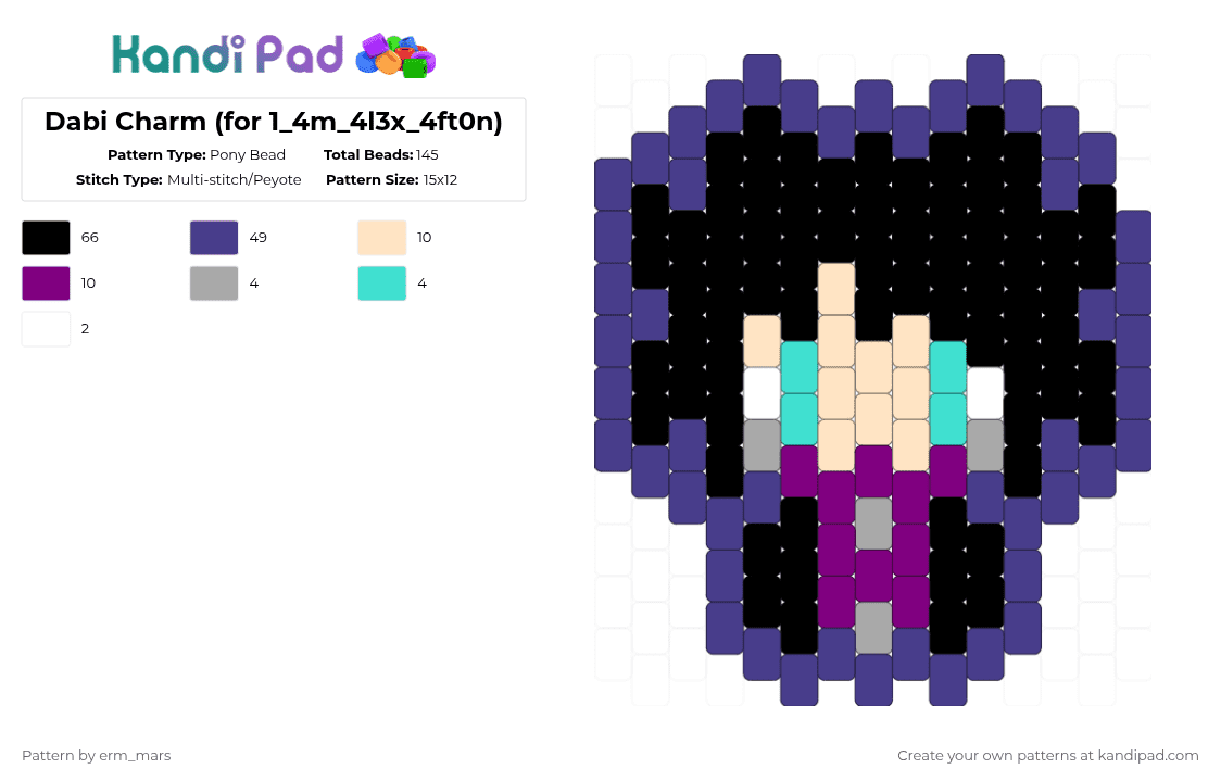Dabi Charm (for 1_4m_4l3x_4ft0n) - Pony Bead Pattern by marstheslug on Kandi Pad - purple,anime,mha,myheroacademia,dabi