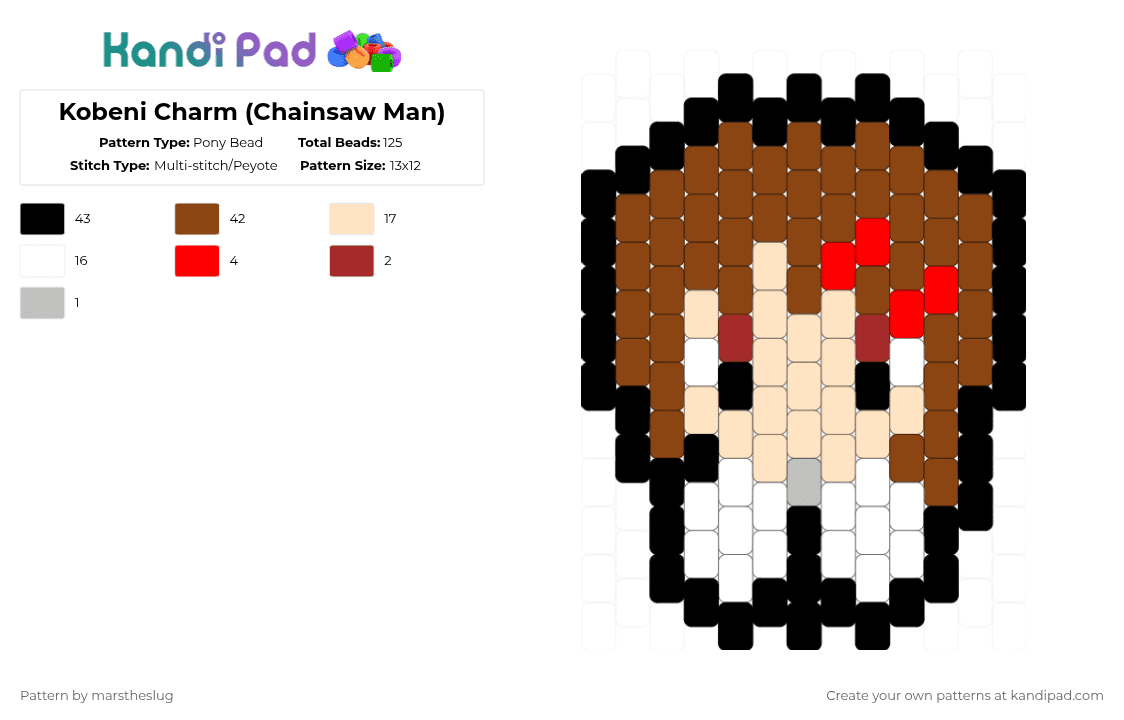 Kobeni Charm (Chainsaw Man) - Pony Bead Pattern by marstheslug on Kandi Pad - red,beige,chainswman,anime