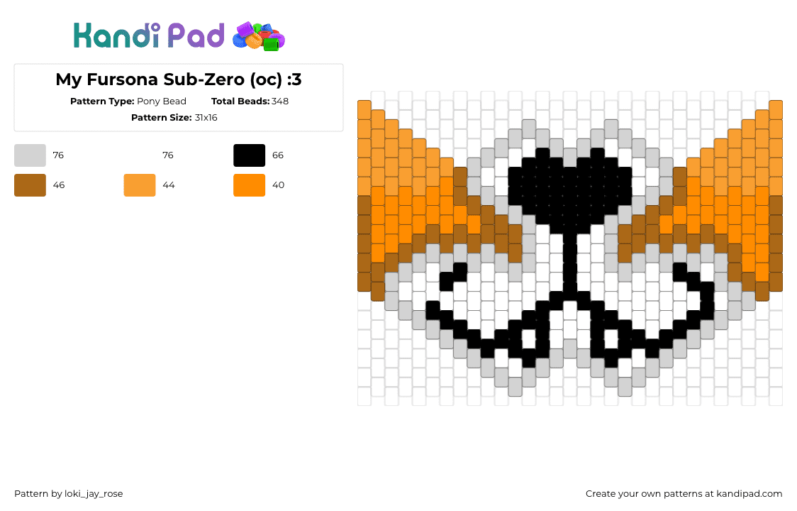 My Fursona Sub-Zero (oc) :3 - Pony Bead Pattern by loki_jay_rose on Kandi Pad - fursona,furry,mask,mouth,animal,fox,orange,black,white