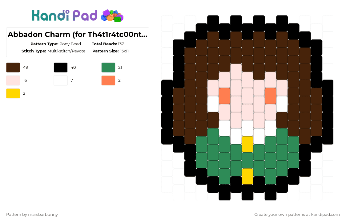 Abbadon Charm (for Th4t1r4tc00nth31r4n) - Pony Bead Pattern by marstheslug on Kandi Pad - brown,green