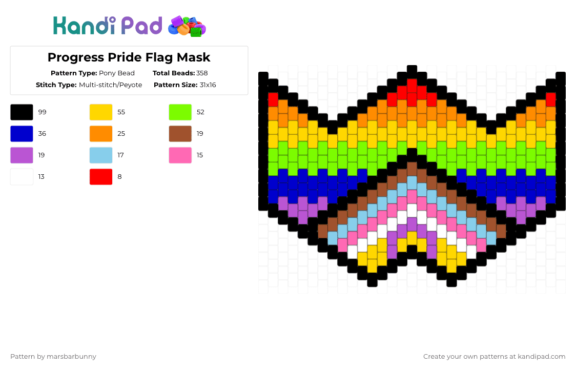 Progress Pride Flag Mask - Pony Bead Pattern by marstheslug on Kandi Pad - yellow,green,purple,pink