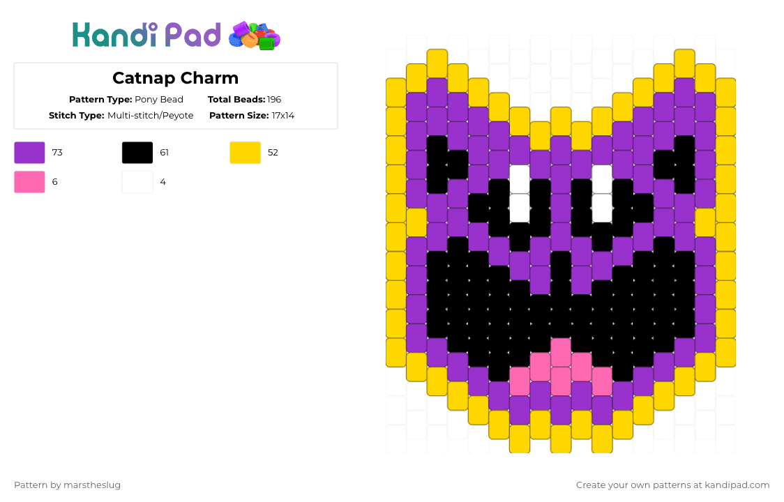 Catnap Charm - Pony Bead Pattern by marstheslug on Kandi Pad - purple,yellow,catnap,poppyplaytime,smilingcritters