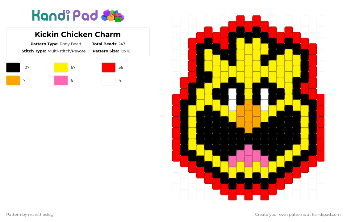 Kickin Chicken Charm - Pony Bead Pattern by marstheslug on Kandi Pad - game, gaming, halloween, horror, kickin chicken, kickinchicken, poppy playtime, poppyplaytime, red, smiling critters, smilingcritters, spooky, toy, video game, yellow