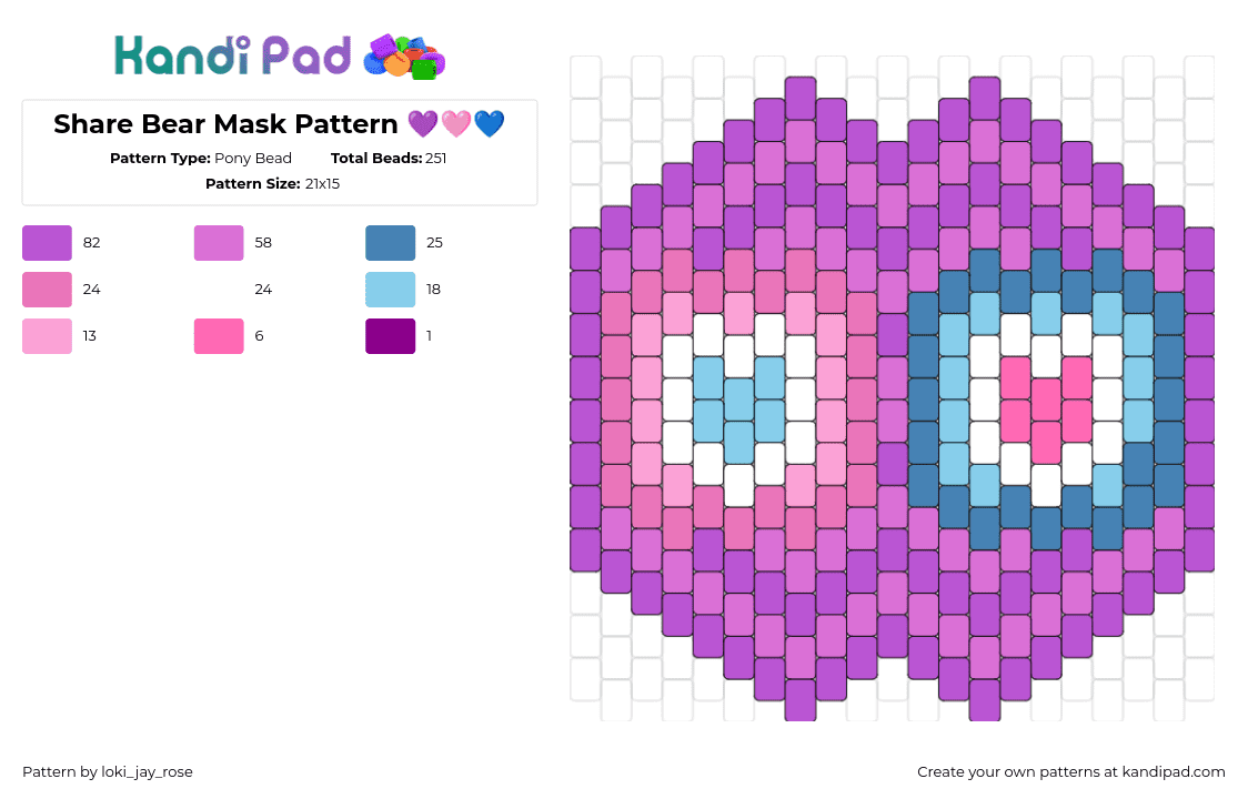 Share Bear Mask Pattern 💜🩷💙 - Pony Bead Pattern by loki_jay_rose on Kandi Pad - share bear,carebears,mask,hearts,purple,pink