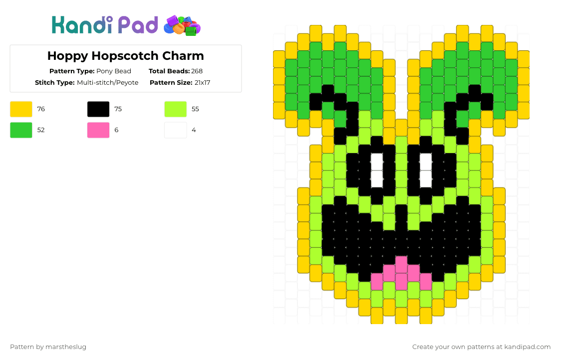 Hoppy Hopscotch Charm - Pony Bead Pattern by marstheslug on Kandi Pad - yellow,green,poppyplaytime,smilingcritters,hoppyhopscotch