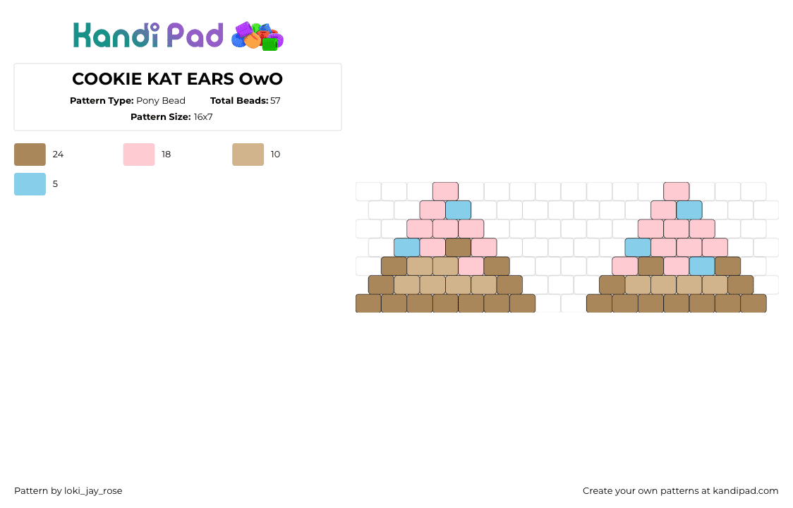 COOKIE KAT EARS OwO - Pony Bead Pattern by loki_jay_rose on Kandi Pad - ears,cookie,cat,triangles,tan,pink