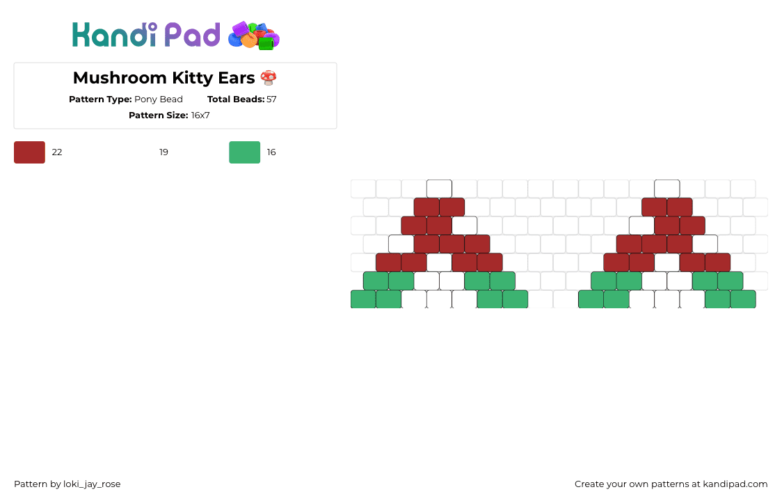 Mushroom Kitty Ears 🍄 - Pony Bead Pattern by loki_jay_rose on Kandi Pad - ears,mushroom,watermelon,cat,red,green,white