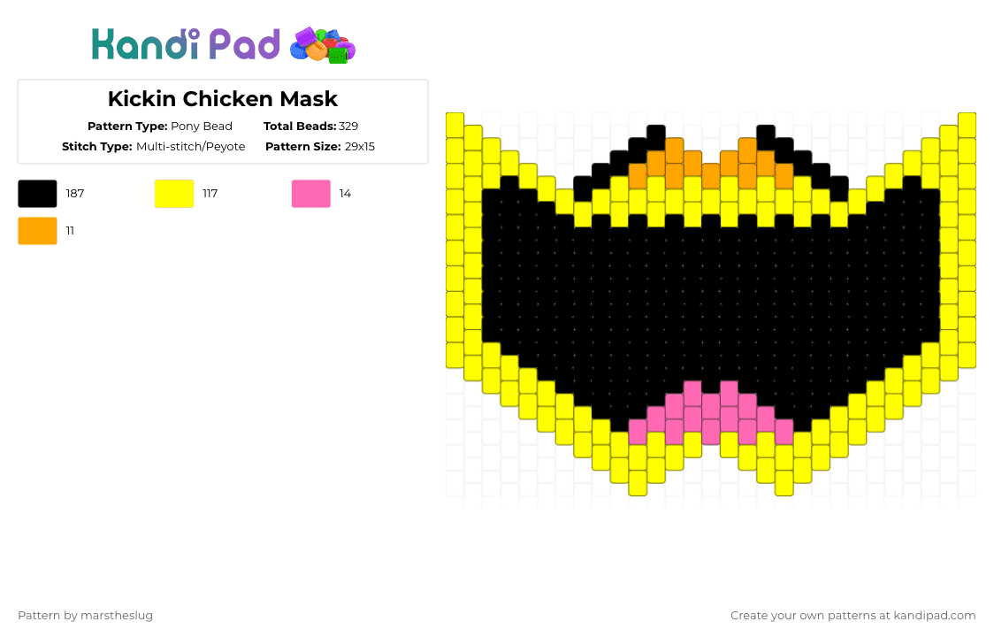 Kickin Chicken Mask - Pony Bead Pattern by marstheslug on Kandi Pad - black,yellow,mask,smilingcritters,poppyplaytime,kickinchicken