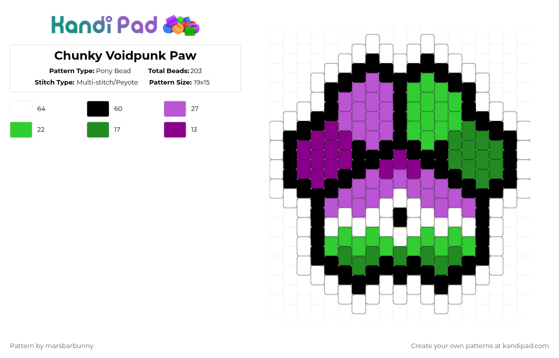 Chunky Voidpunk Paw - Pony Bead Pattern by marstheslug on Kandi Pad - green,pink