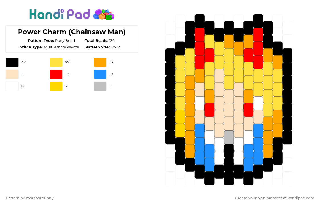 Power Charm (Chainsaw Man) - Pony Bead Pattern by marstheslug on Kandi Pad - yellow,orange,beige,chainsawman,anime
