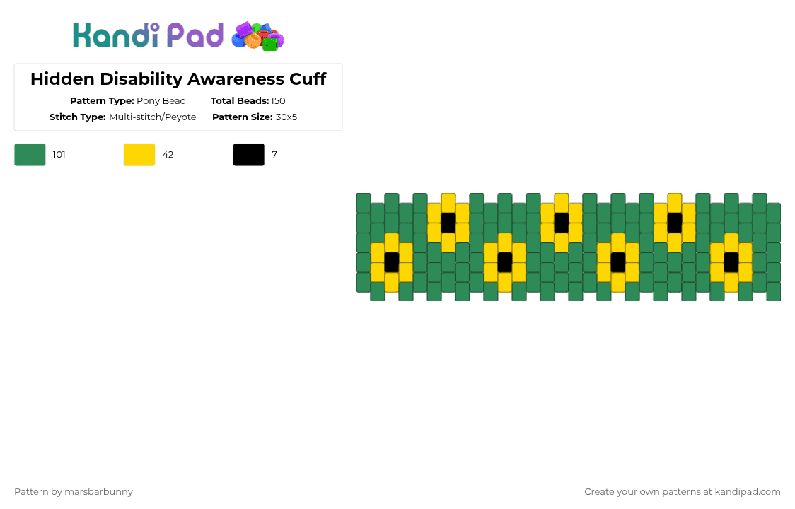 Hidden Disability Awareness Cuff - Pony Bead Pattern by marstheslug on Kandi Pad - green,yellow