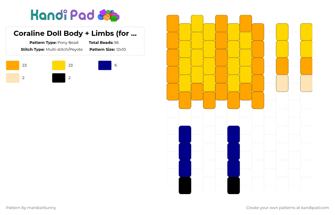 Coraline Doll Body + Limbs (for Imsogayithurts) - Pony Bead Pattern by marstheslug on Kandi Pad - orange, yellow