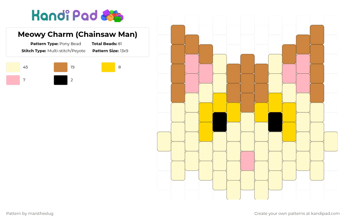Meowy Charm (Chainsaw Man) - Pony Bead Pattern by marstheslug on Kandi Pad - yellow,chainswman,anime