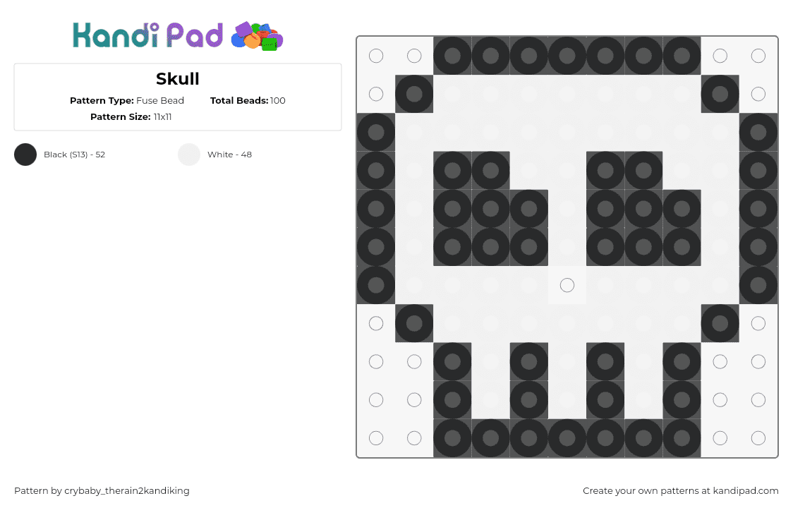 Skull - Fuse Bead Pattern by crybaby_therain2kandiking on Kandi Pad - skull,skeleton,spooky,charm,simple,halloween,white,black