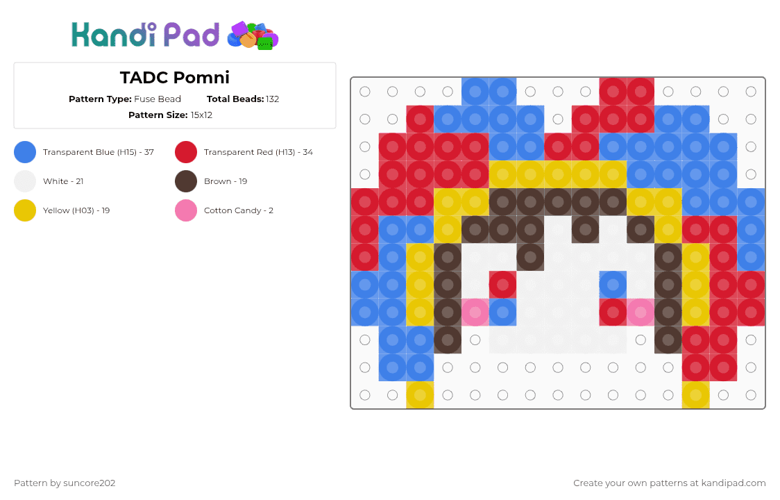 TADC Pomni - Fuse Bead Pattern by suncore202 on Kandi Pad - red,blue,pomni,tadc,the amazing digital circus,tadc pomni,jester,clown,circus,small