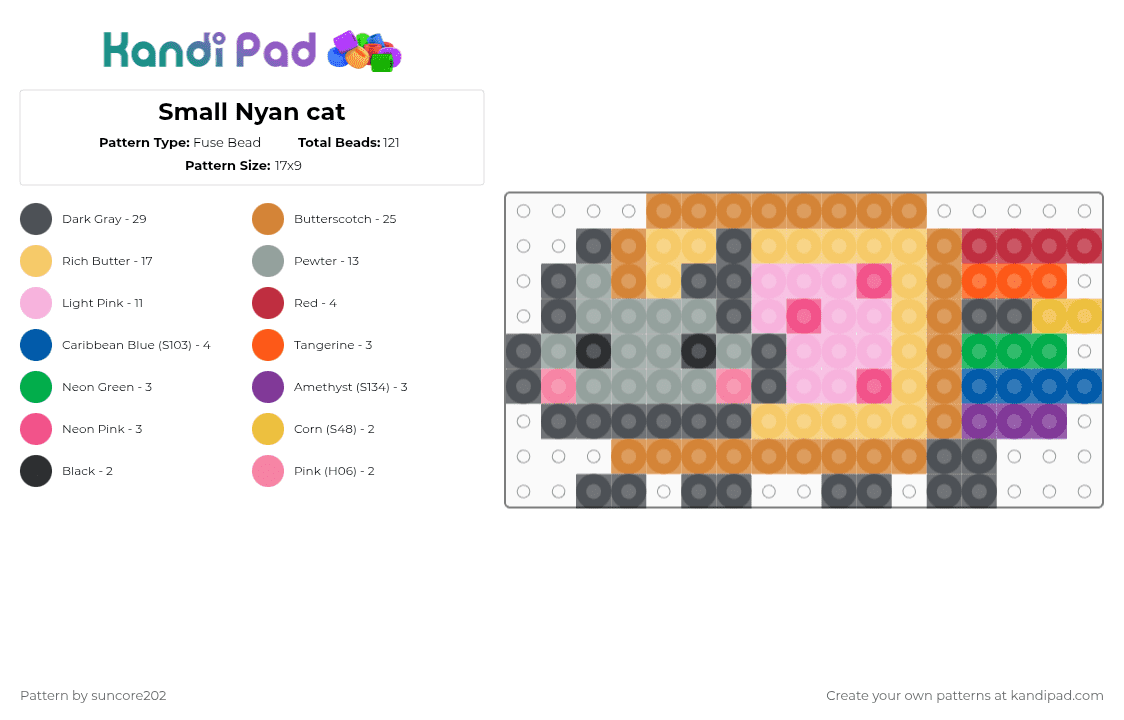 Small Nyan cat - Fuse Bead Pattern by suncore202 on Kandi Pad - orange,yellow,pink,gray,nyancat,rainbow,2016,nyancatmeme,2016core,cute