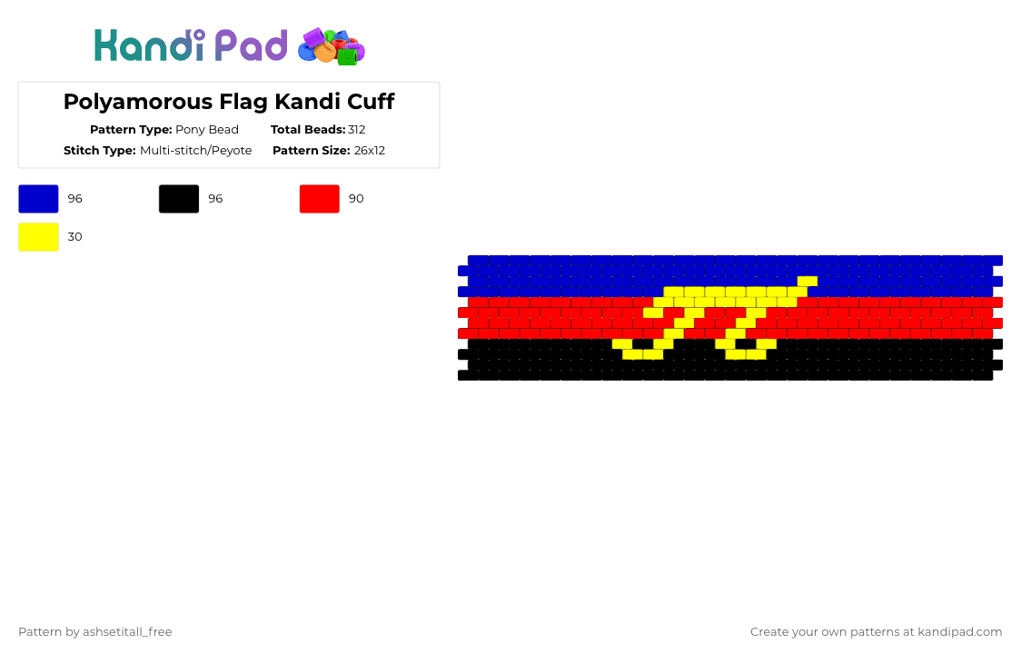 Polyamorous Flag Kandi Cuff - Pony Bead Pattern by ashsetitall_free on Kandi Pad - purple,red,lgbtq,polyamorus,poly,homosexual,queer