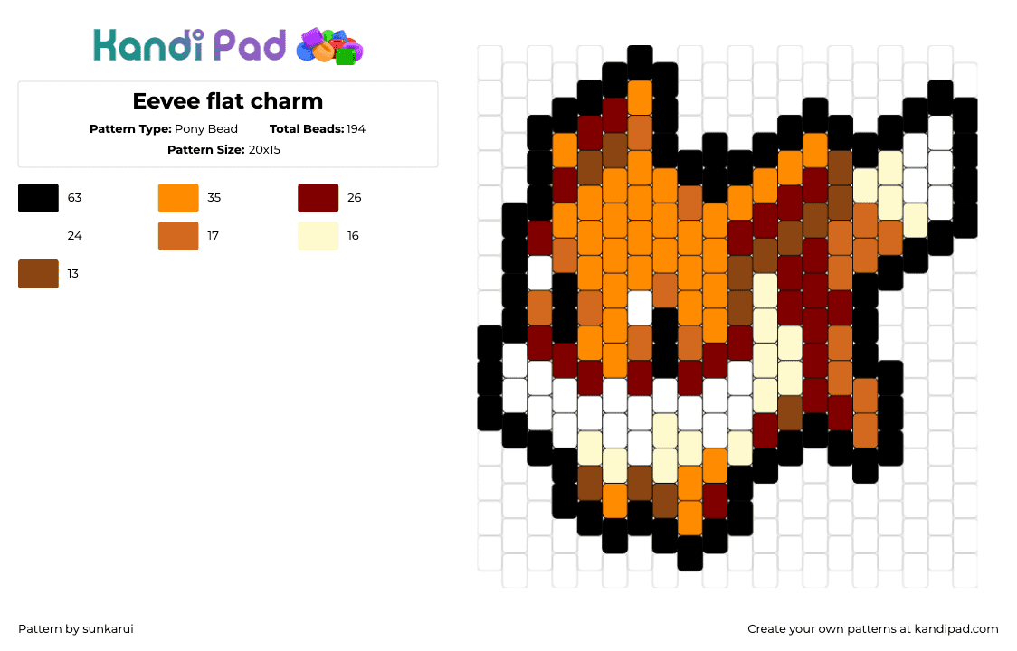 Eevee flat charm - Pony Bead Pattern by sunkarui on Kandi Pad - eevee,pokemon,character,gaming,charm,orange,tan