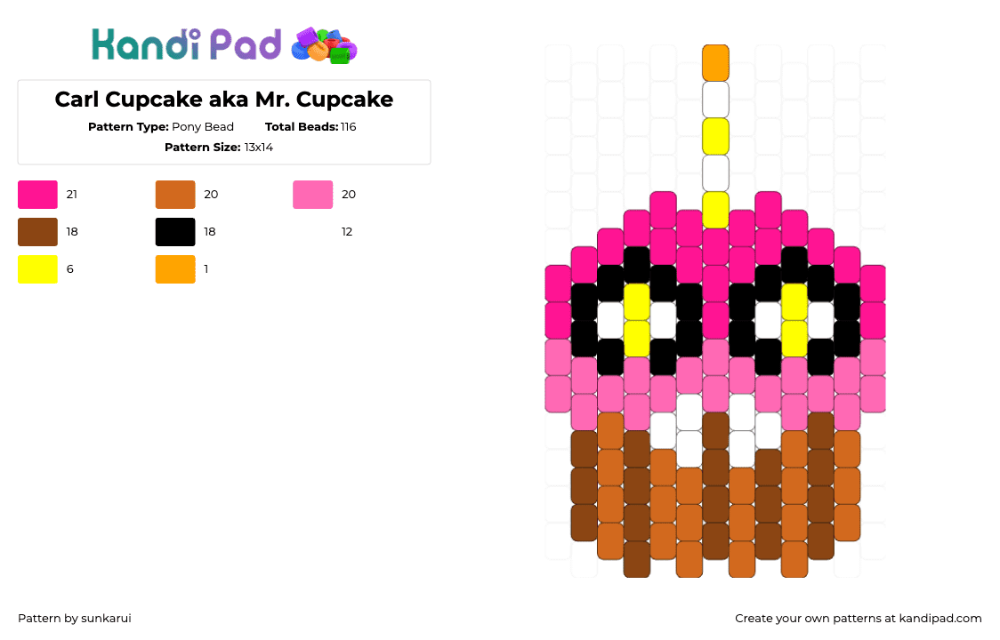 Carl Cupcake aka Mr. Cupcake - Pony Bead Pattern by sunkarui on Kandi Pad - carl,cupcake,fnaf,five nights at freddys,character,spooky,video game,horror,brown,tan,pink,yellow