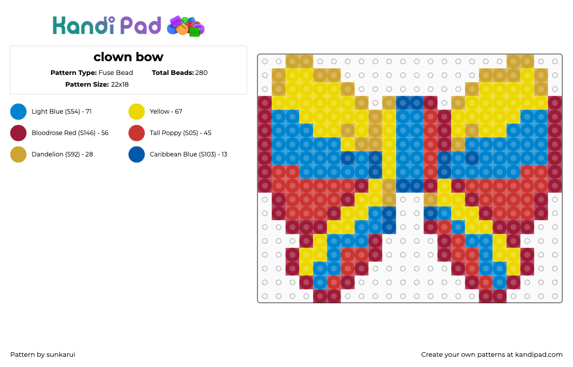 clown bow - Fuse Bead Pattern by sunkarui on Kandi Pad - bow,clown,ribbon,clothing,funny,yellow,red,blue