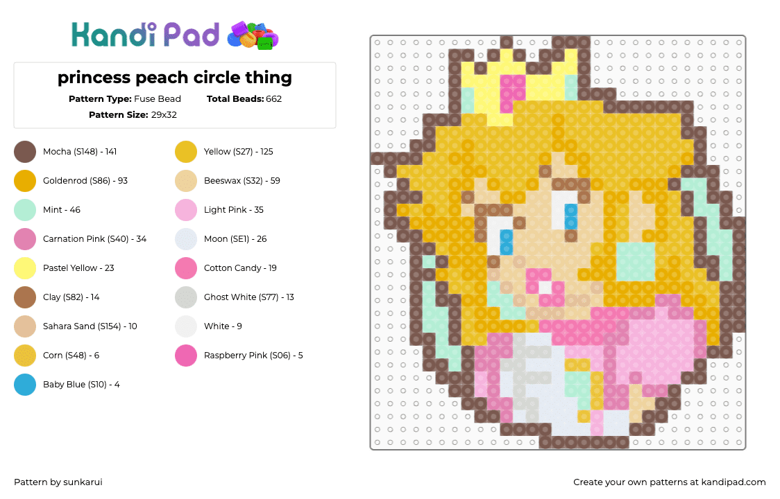 princess peach circle thing - Fuse Bead Pattern by sunkarui on Kandi Pad - peach,princess,mario,nintendo,character,video game,portrait,blonde,yellow,pink