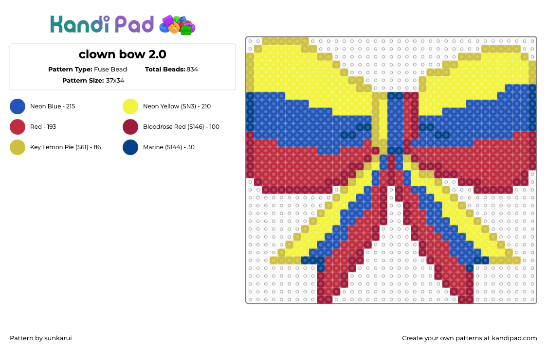 clown bow 2.0 - Fuse Bead Pattern by sunkarui on Kandi Pad - bow,clown,ribbon,circus,yellow,blue,red