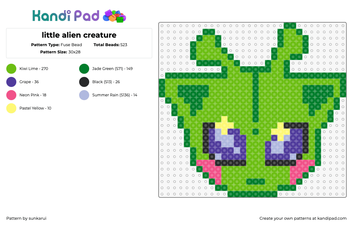 little alien creature - Fuse Bead Pattern by sunkarui on Kandi Pad - alien,extraterrestrial,head,cute,gnarpy,charm,space,green,purple