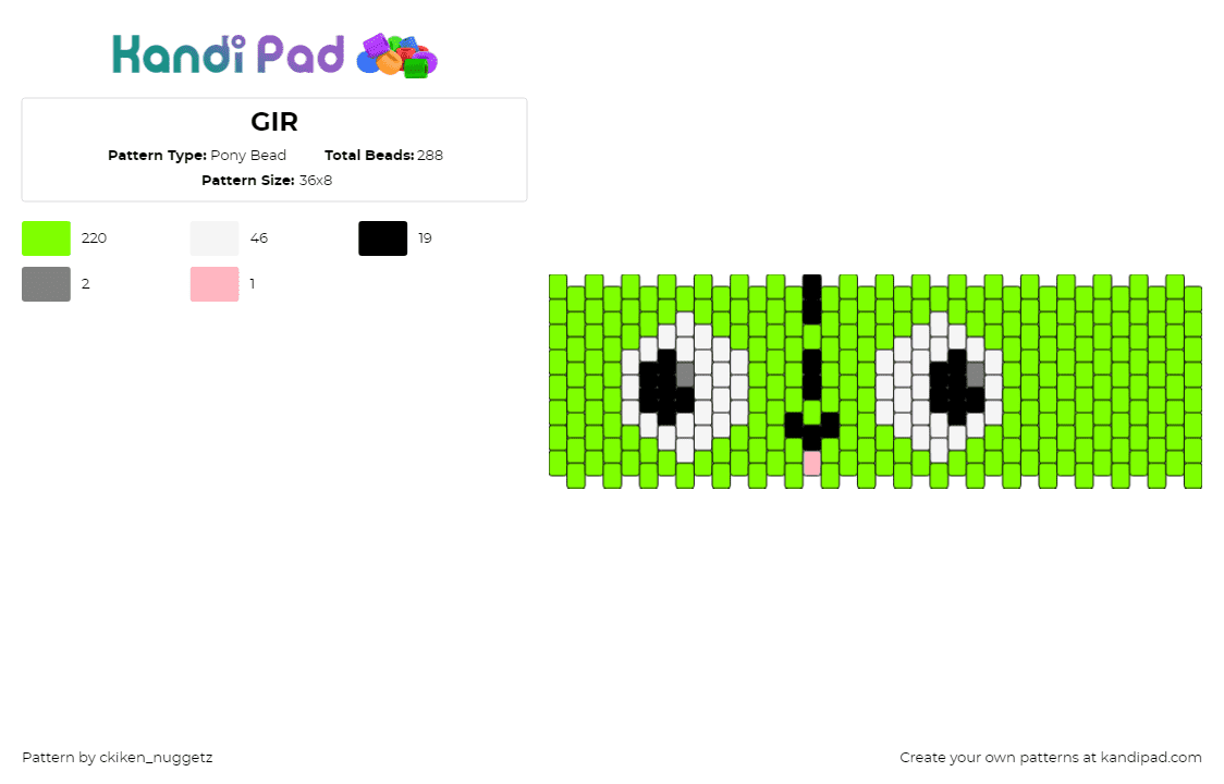 GIR - Pony Bead Pattern by ckiken_nuggetz on Kandi Pad - gir,invader zim,derpy,eyes,face,cartoon,tv show,cuff,green,white