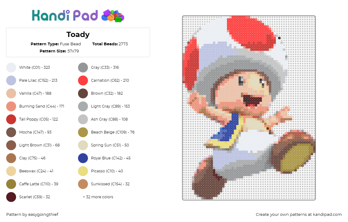 Toady - Fuse Bead Pattern by easygoingthief on Kandi Pad - toad,mario,nintendo,mushroom,character,happy,white,beige,red
