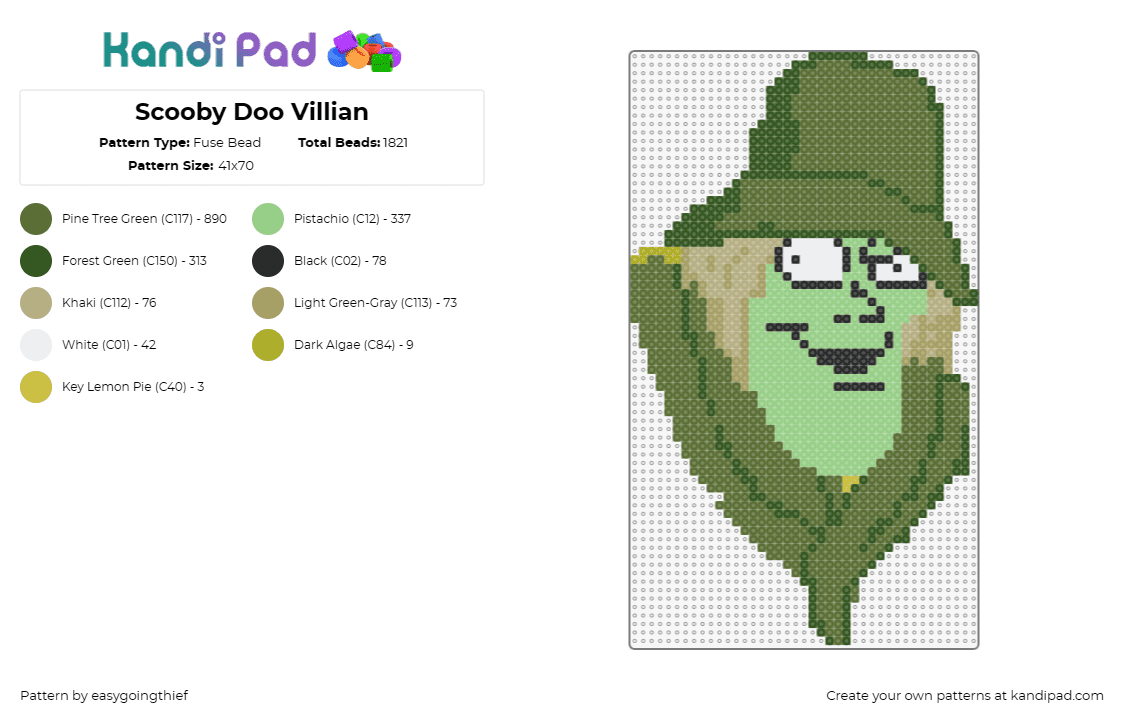 Scooby Doo Villian - Fuse Bead Pattern by easygoingthief on Kandi Pad - scooby doo,villain,cartoon,spooky,ghost,green,hat,scarf