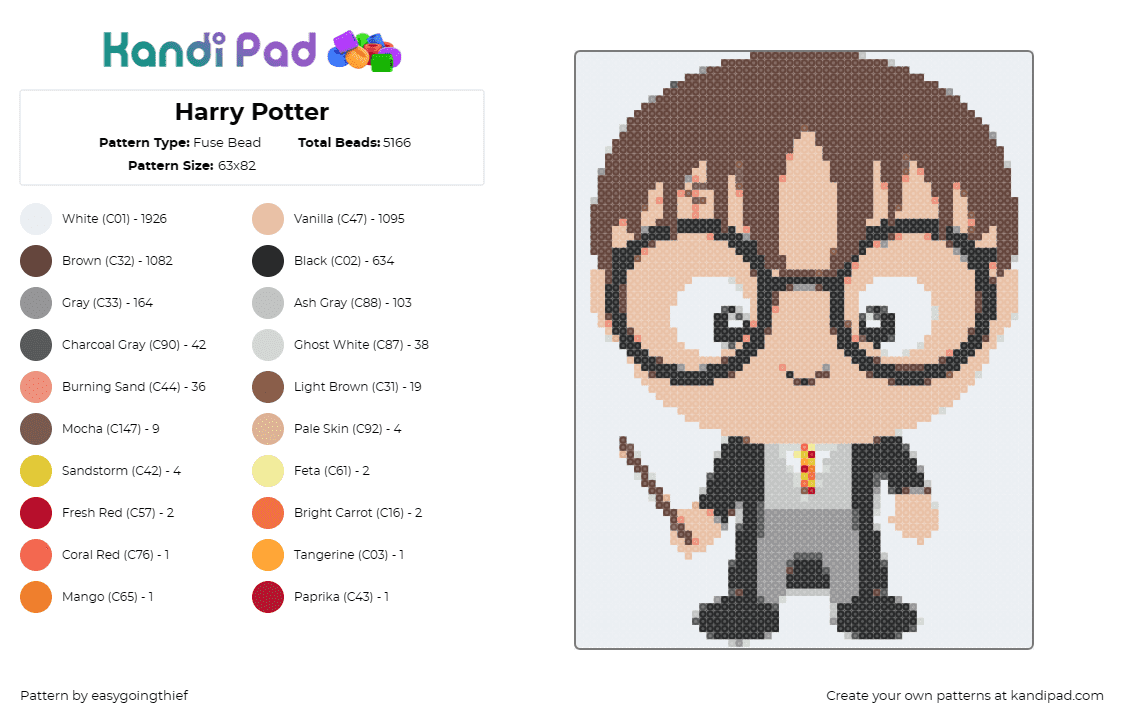 Harry Potter - Fuse Bead Pattern by easygoingthief on Kandi Pad - harry potter,wizard,hogwarts,magic,character,fantasy,adventure,glasses,wand,brow