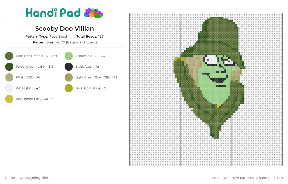 Scooby Doo Villian - Fuse Bead Pattern by easygoingthief on Kandi Pad - scooby doo,villain,cartoon,spooky,ghost,green,hat,scarf,diy