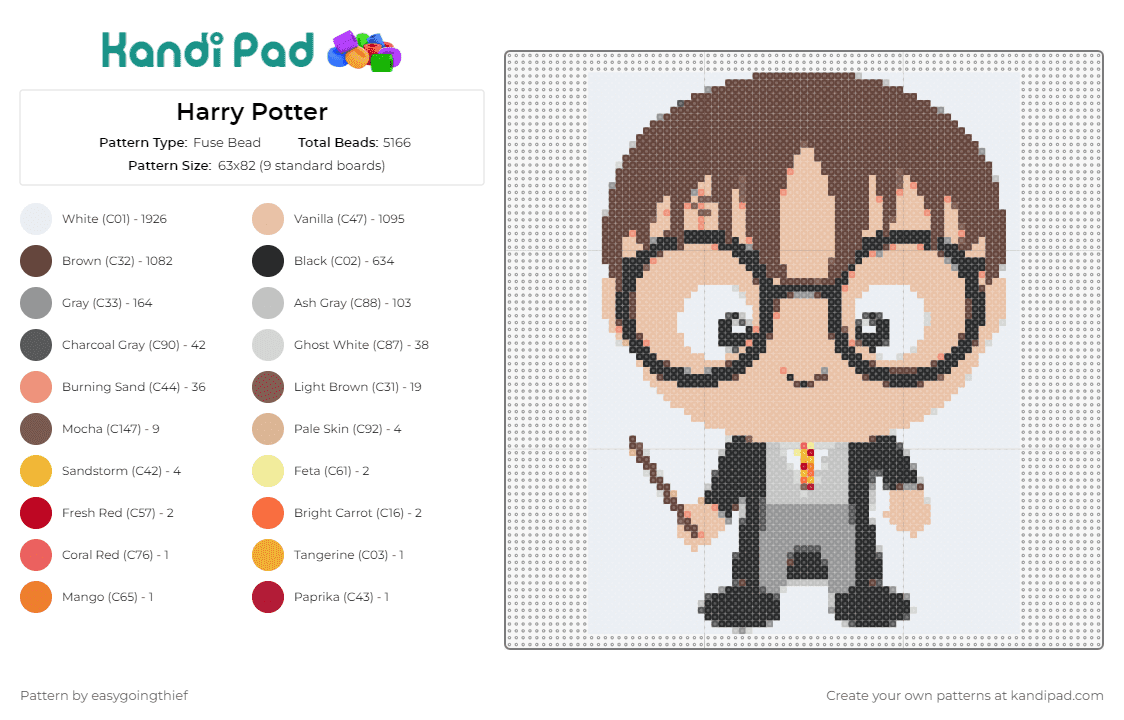 Harry Potter - Fuse Bead Pattern by easygoingthief on Kandi Pad - harry potter,wizard,hogwarts,magic,character,fantasy,adventure,glasses,wand,brown