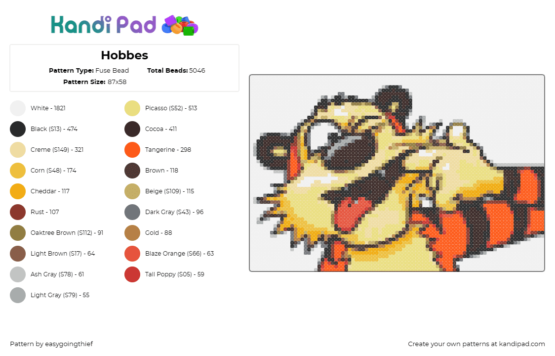 Hobbes - Fuse Bead Pattern by easygoingthief on Kandi Pad - hobbes,calvin and hobbes,tiger,comic,playful expression,vivid stripes,orange