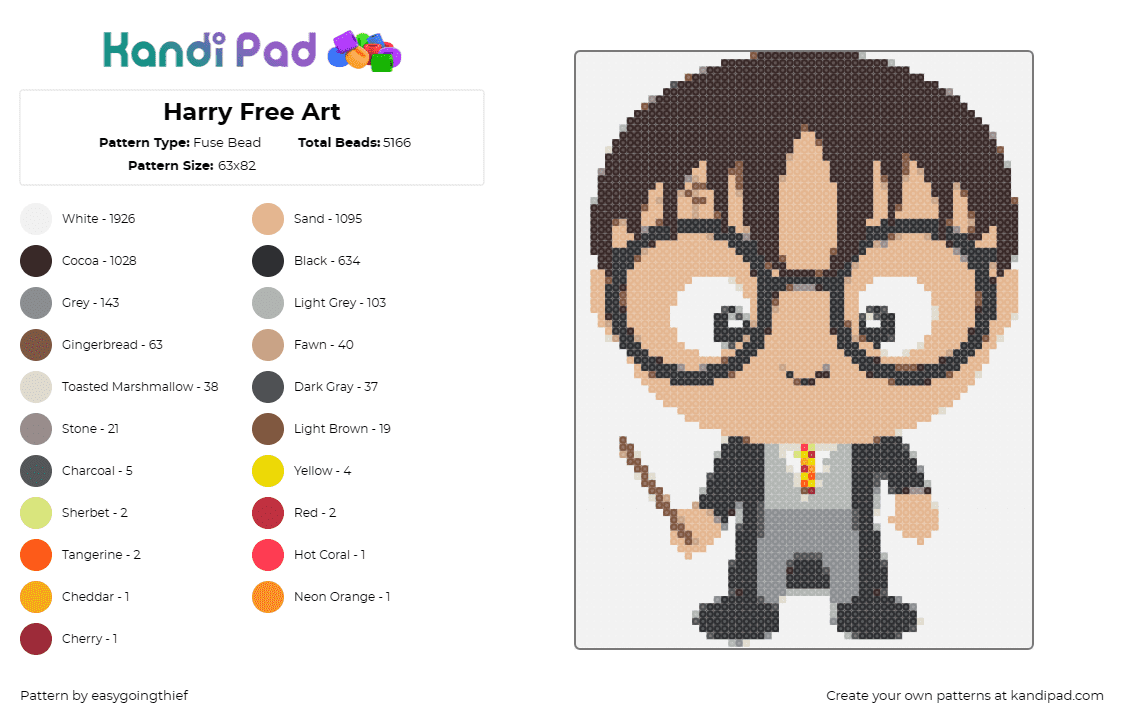 Harry Free Art - Fuse Bead Pattern by easygoingthief on Kandi Pad - harry potter,wizard,magic,book,movie,character,tan,gray,brown