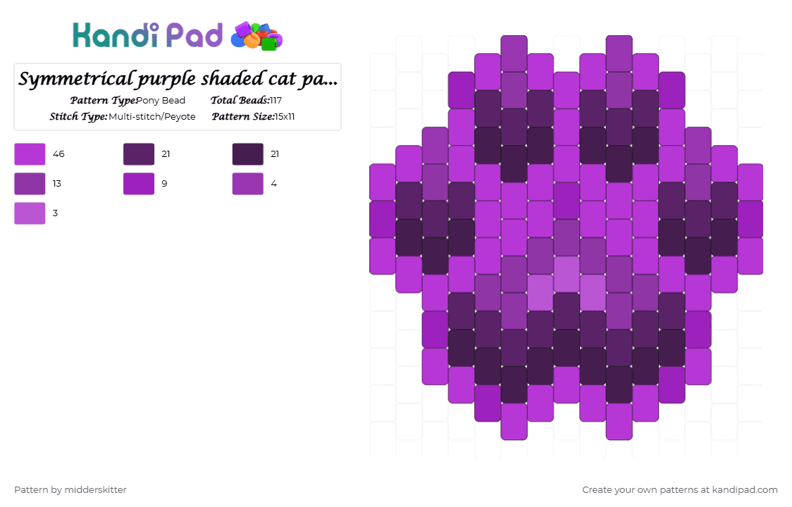 Symmetrical purple shaded cat paw with spots - Pony Bead Pattern by midderskitter on Kandi Pad - pink,furry,fursona,purple