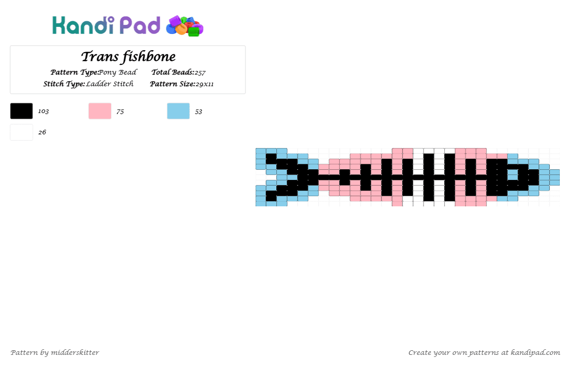 Trans fishbone - Pony Bead Pattern by midderskitter on Kandi Pad - light blue,pink,trans,transgender,fish,fishbone,cat,kitty