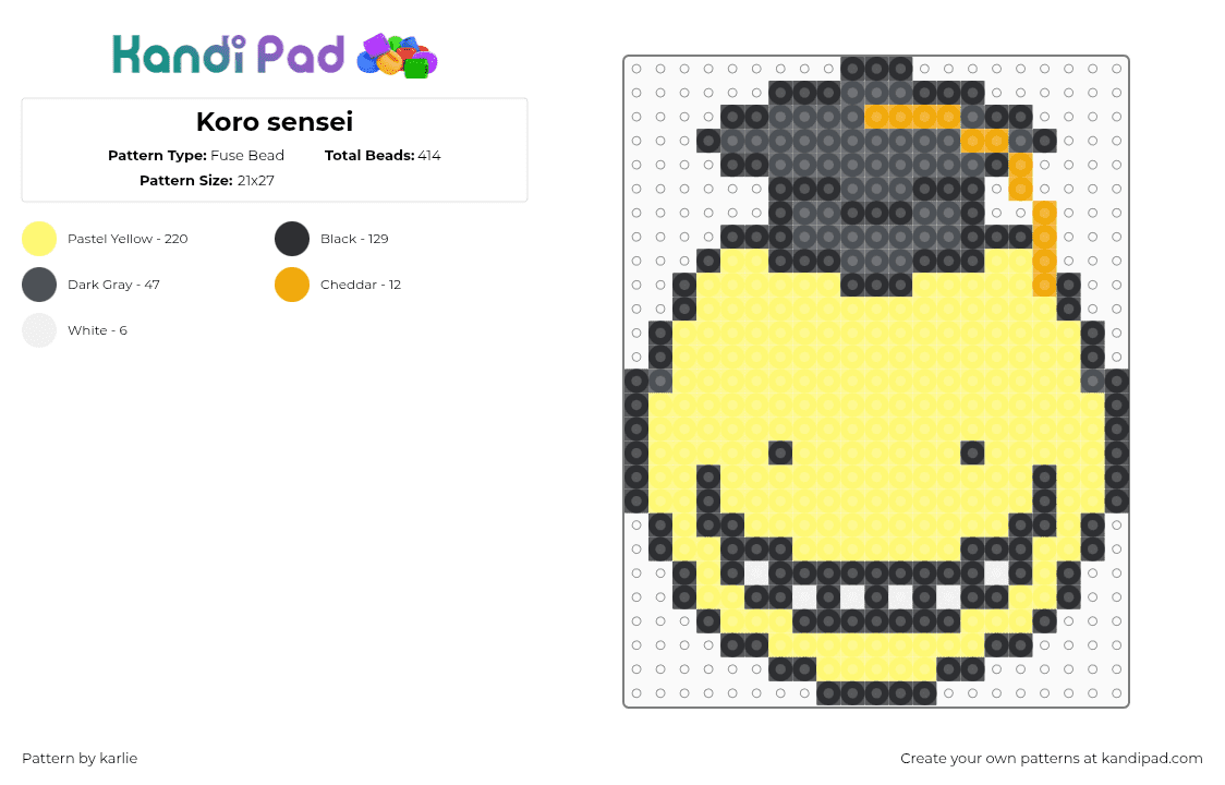 Koro sensei - Fuse Bead Pattern by karlie on Kandi Pad - korosensei,assassination classroom,head,character,anime,movie,graduation,smile,yellow