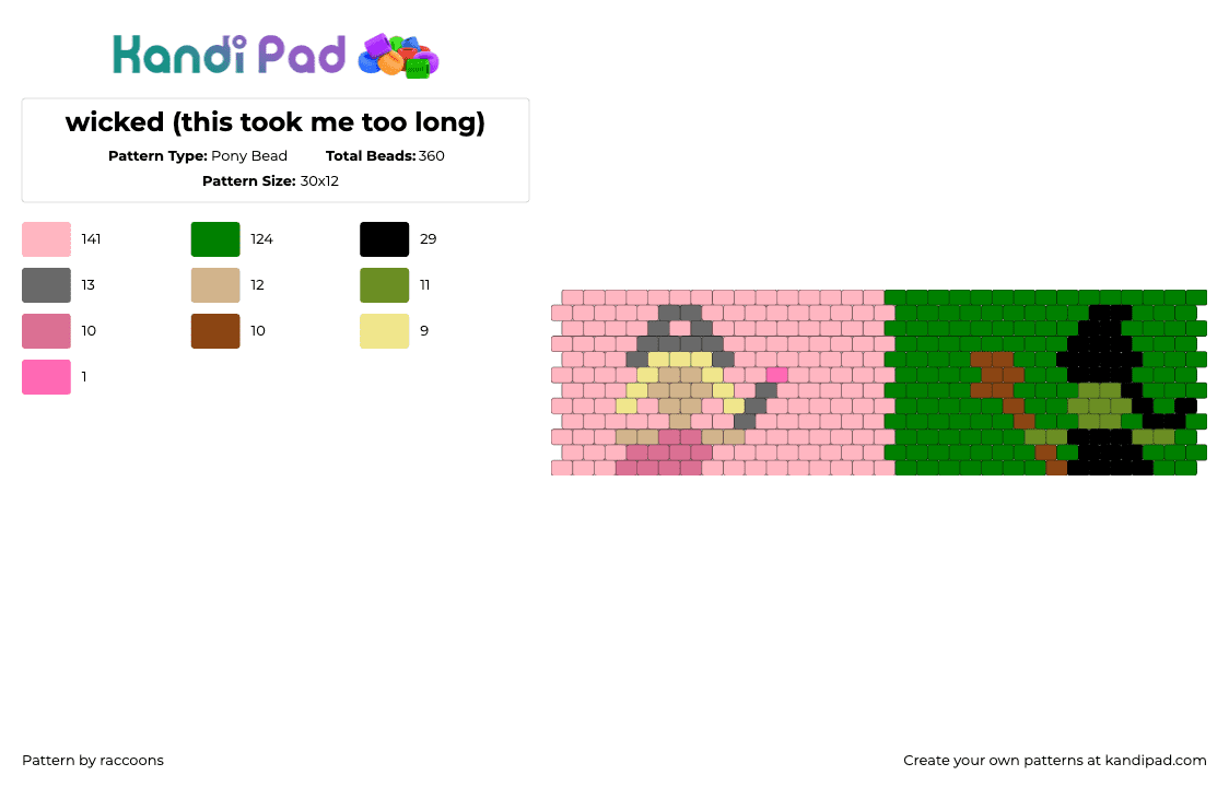 wicked (this took me too long) - Pony Bead Pattern by raccoons on Kandi Pad - wicked,musical,cuff,pink,green