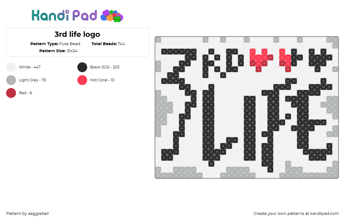 3rd life logo - Fuse Bead Pattern by aaggiebail on Kandi Pad - third life,life series,logo,text,panel,tv show,black,gray,white