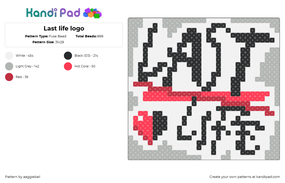 Last life logo - Fuse Bead Pattern by aaggiebail on Kandi Pad - last life,life series,logo,text,panel,tv show,black,red,gray,white