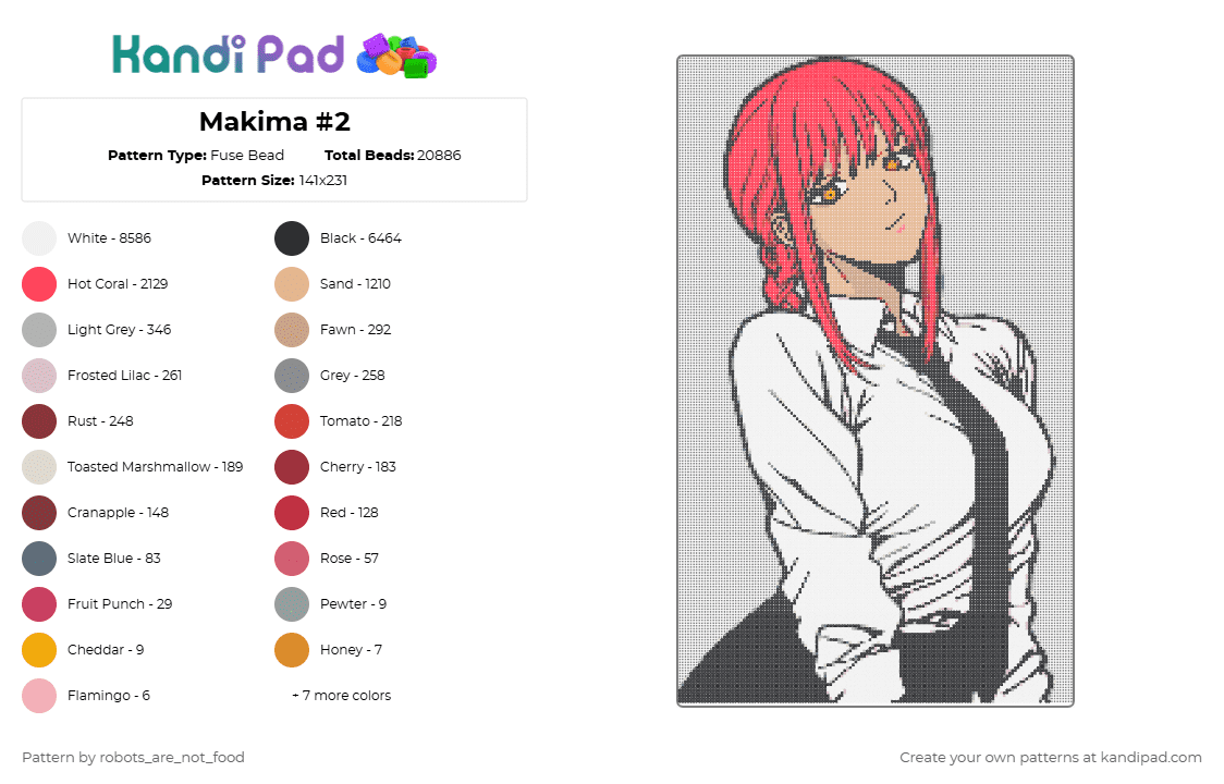 Makima #2 - Fuse Bead Pattern by robots_are_not_food on Kandi Pad - beige, red, white