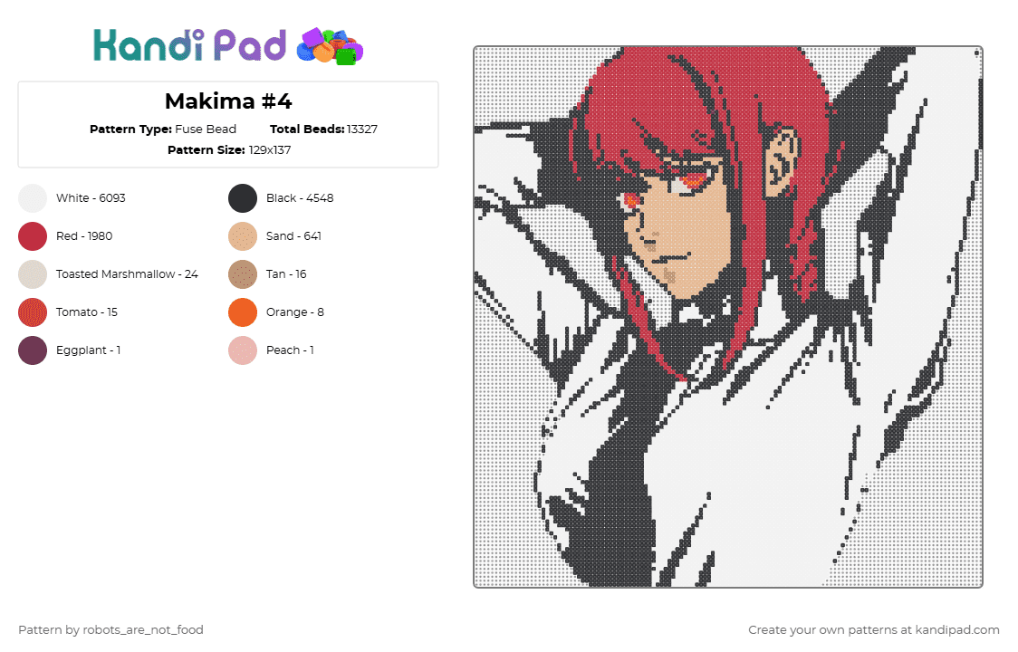 Makima #4 - Fuse Bead Pattern by robots_are_not_food on Kandi Pad - white,red,beige