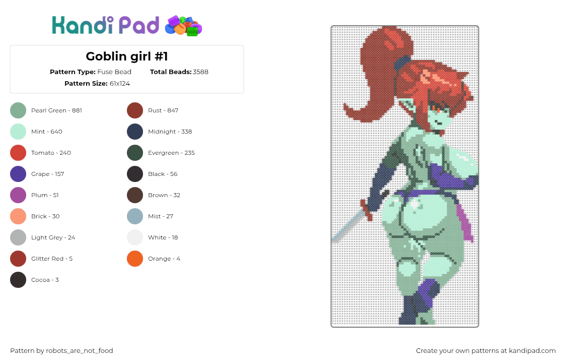 Goblin girl #1 - Fuse Bead Pattern by robots_are_not_food on Kandi Pad - red,purple,light blue,teal